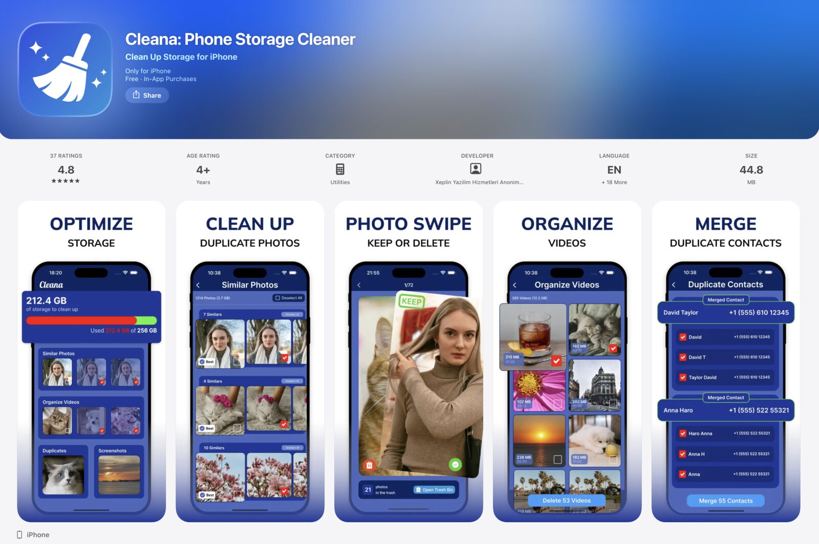 Cleana on the App Store showing its rating, category, and feature screenshots