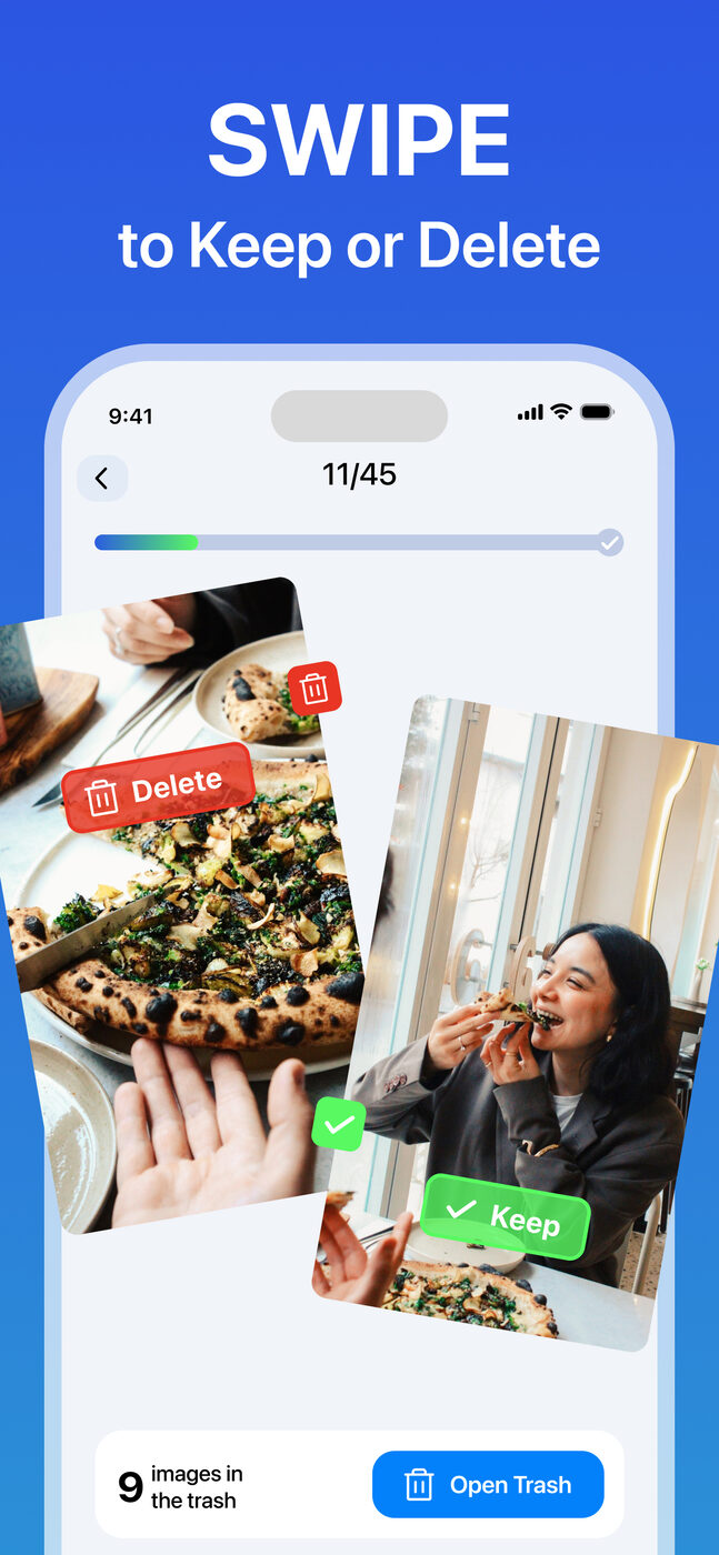 Swiping through photos in Cleana to keep or delete them, with no internet connection