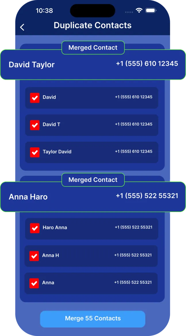 Cleana Duplicate Contacts screen grouping three cards for the same person under one merged contact