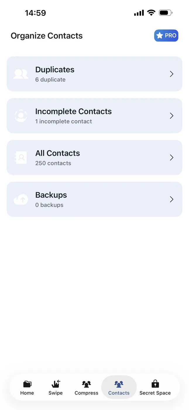 Cleana Organize Contacts screen showing 6 duplicates, 1 incomplete contact, 250 contacts, and backups