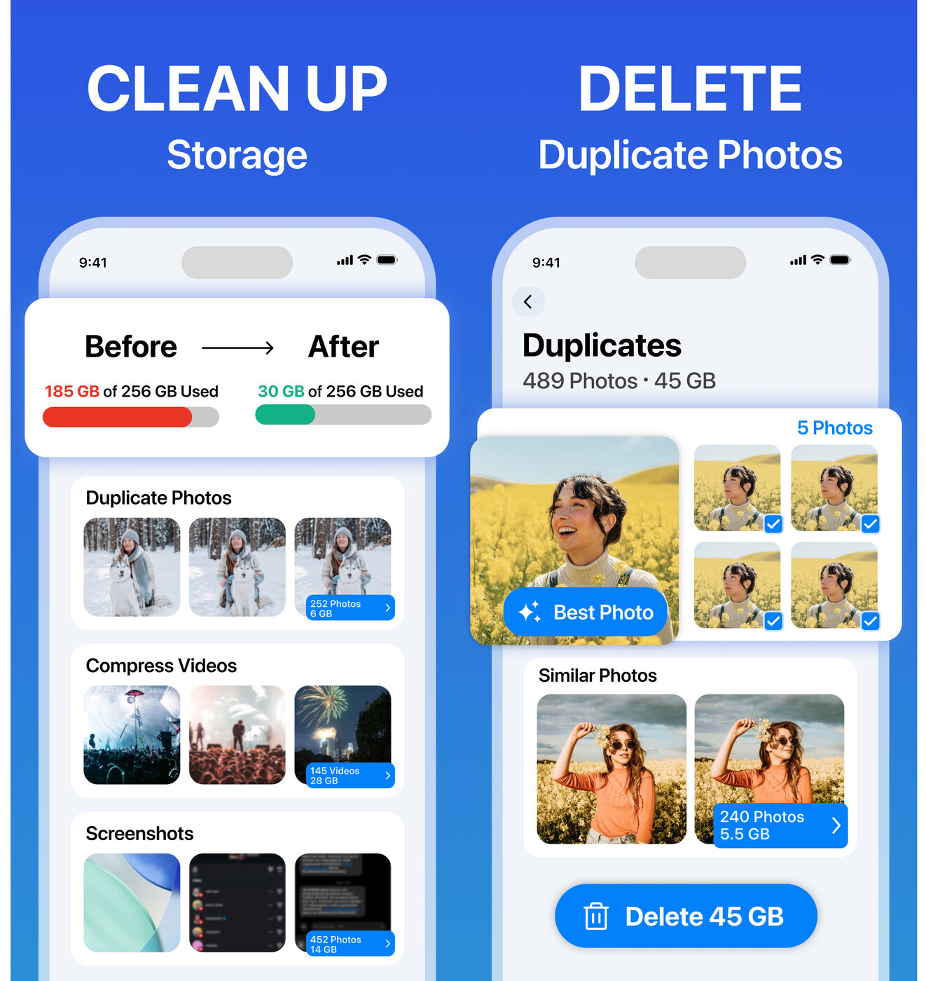Cleana showing a storage cleanup summary next to a duplicate photo group with the best shot marked