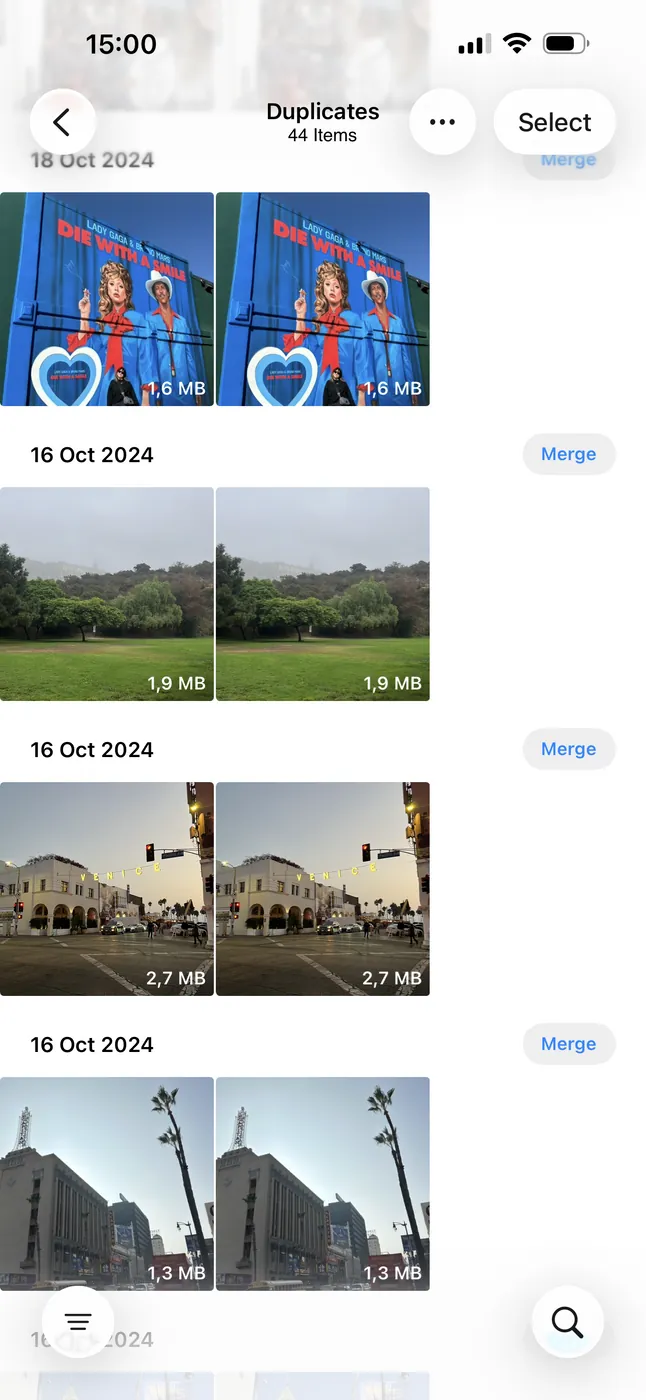 The Duplicates album in the iPhone Photos app showing pairs of identical photos with a Merge button on each row