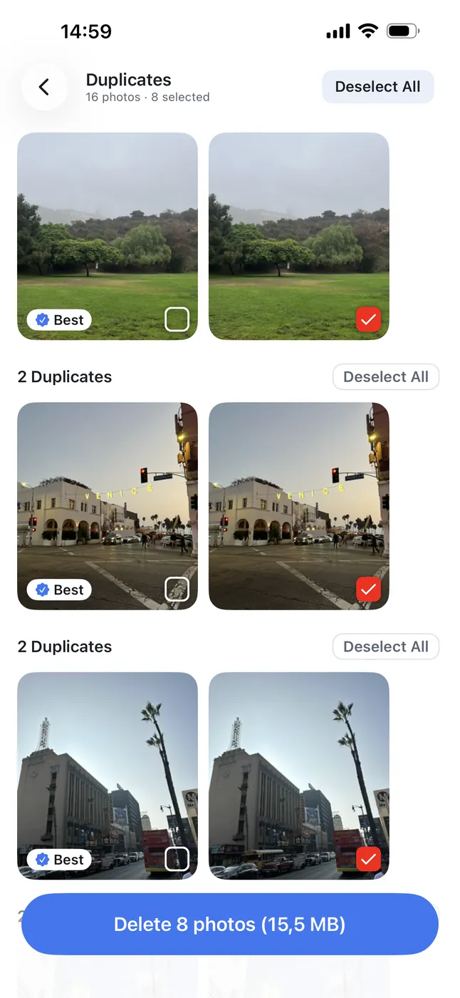 Cleana duplicate photo groups with the Best photo badge on the keeper and the copies selected for deletion