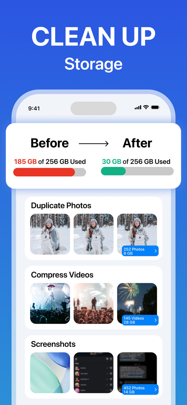 Cleana storage overview grouping duplicate photos, videos, and screenshots for cleanup