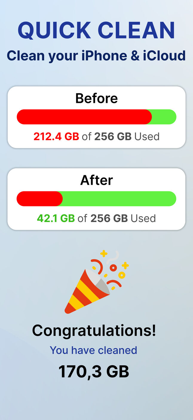 Cleana Quick Clean result showing iPhone storage used before and after a cleanup