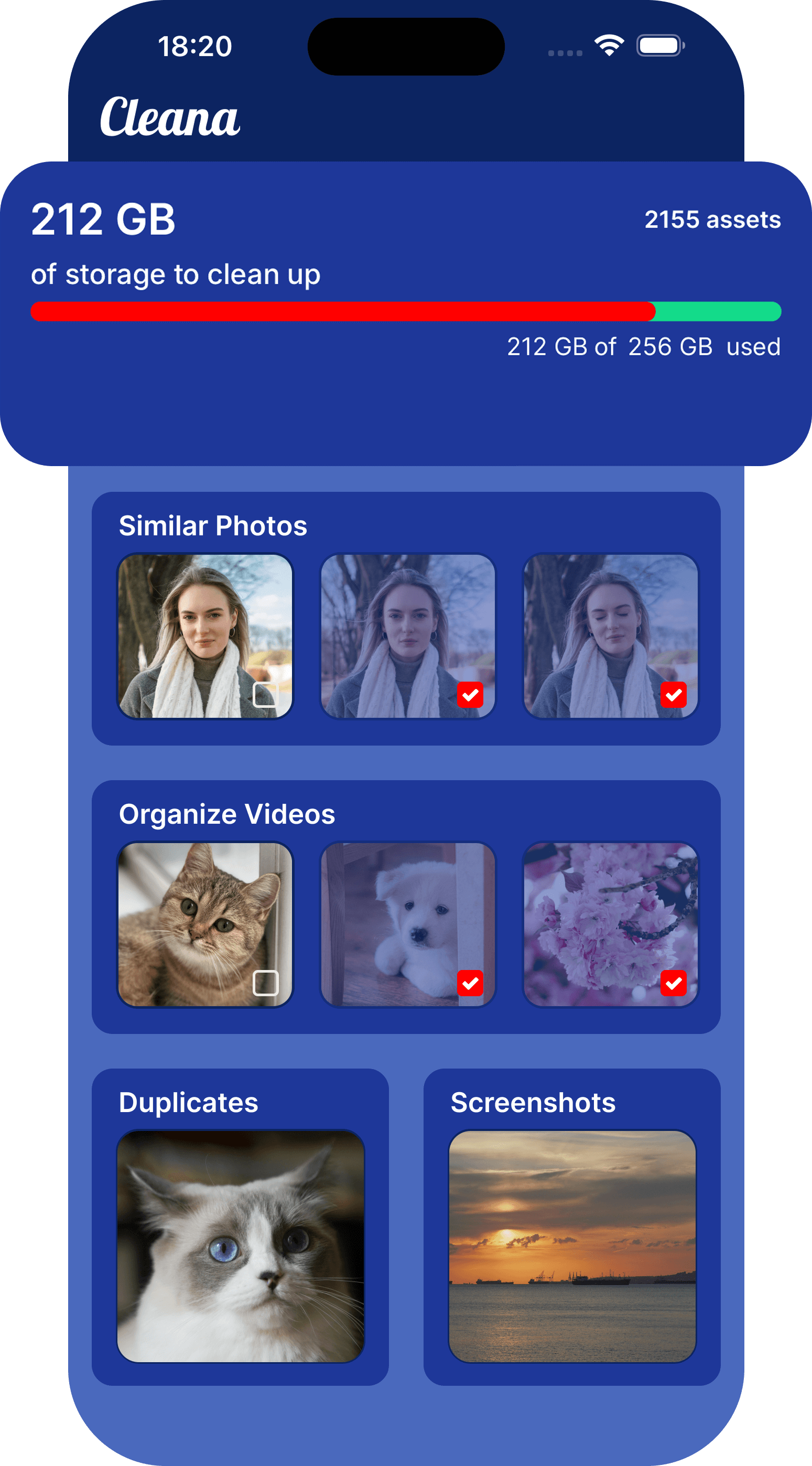 Cleana iPhone storage cleaner app interface showing duplicate photo detection and AI-powered cleanup