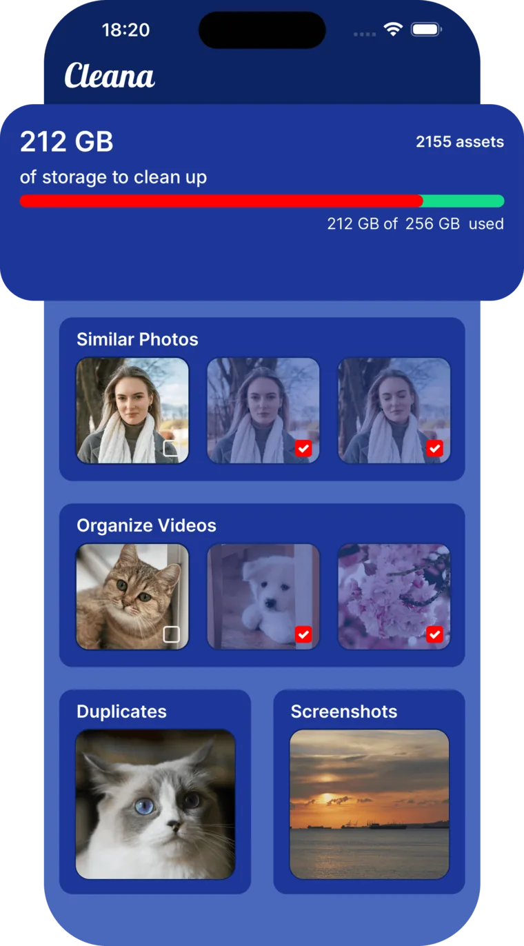 Cleana iPhone storage cleaner app interface showing duplicate photo detection and AI-powered cleanup
